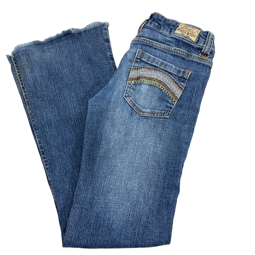 Paris Blues JeansWomen's 3 Blue Denim Bootcut Flare Frayed Hem Low Rise Y2K